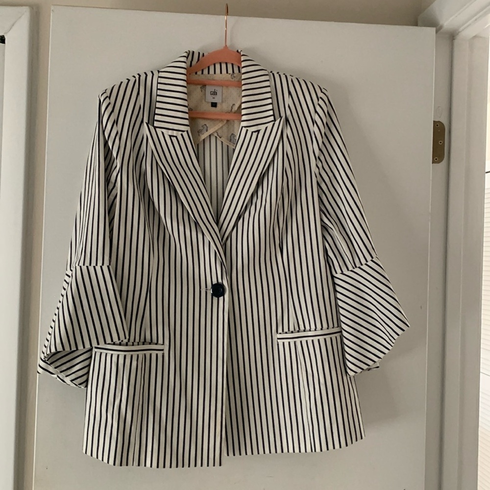 CAbi Ticking Stripe Navy and White Bell Flutter Sleeve Jacket Size 10